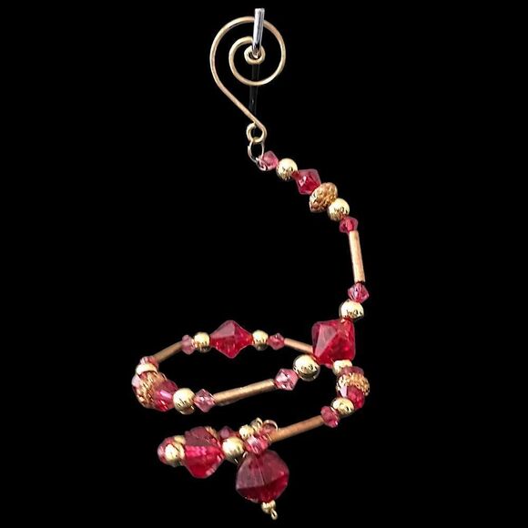 Beaded Memory Wire Ornament Spiral Dangle Twist Sparkly Christmas Red Gold Tone - Picture 8 of 16